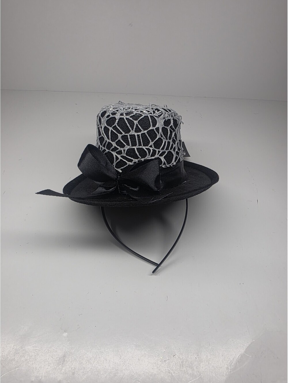 Halloween Fascinator Hat Black & Gray Spider Web With Bow Tie